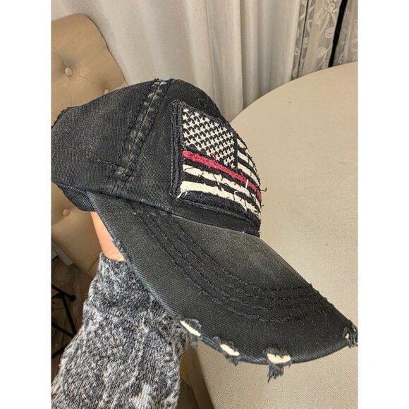 Distressed American Flag Black Hat With Thin Red Line - KBETHOS One Size 100% Co - Picture 8 of 11